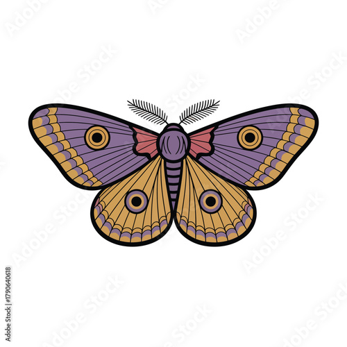 A stylized illustration of a moth with purple and gold wings and intricate patterns.