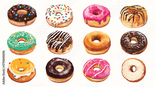 Diverse Group of Kids Enjoying Various Types of Donuts in a Collage Vector Illustration