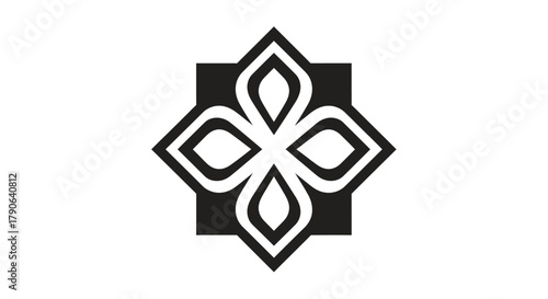 A black and white geometric floral design with diamond and petal shapes