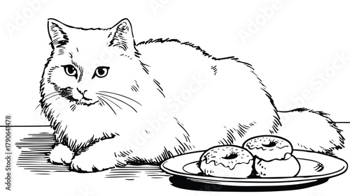 Whimsical Illustration of Cat Sitting on Plate with Donuts
