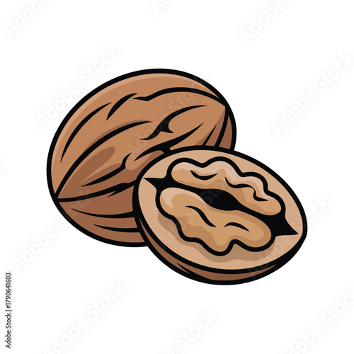 Two walnuts, one whole and one halved, are depicted against a white background.
