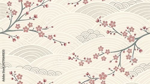 Japanese wave pattern with cherry blossoms perfect for backgrounds and designs