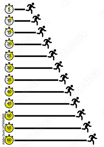 An infographic showing time intervals with running figures and stopwatches, illustrating running duration or speed progression over time in a minimal design.