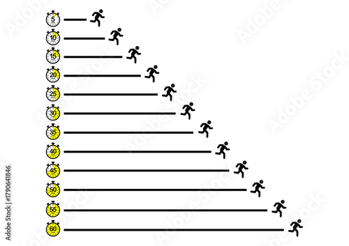 A minimal infographic showing running figures with stopwatches, representing time intervals or running durations, illustrating progress and motion concept.