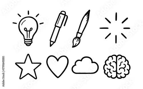 Hand drawn creative icons set featuring light bulb, pen, paintbrush, star, heart, cloud, brain, and sunburst