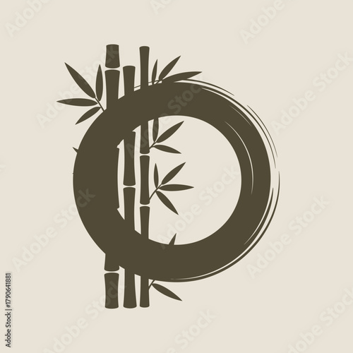A minimalist graphic design featuring bamboo stalks and a circular brush stroke.