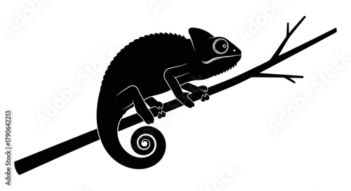 Minimalist Black Silhouette Icon of a Chameleon Lizard Clinging to a Tree Branch