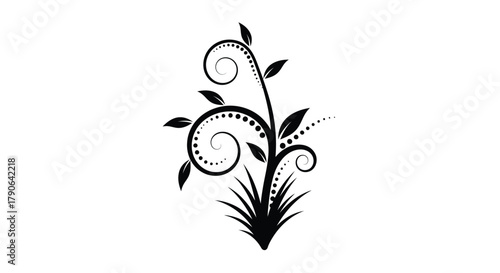 Elegant black floral swirl design with leaves and delicate grassy base