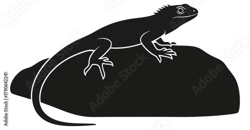 Minimalist Black Silhouette of Marine Iguana Reptile Resting on Rock Isolated Vector Icon