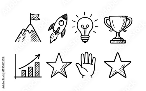 Hand drawn icons set featuring growth, achievement, and innovation symbols