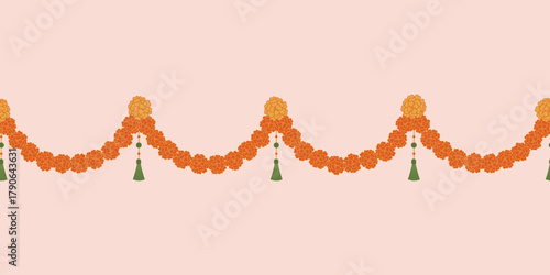 Marigold garland seamless border for Indian traditional festive decorations. Bright yellow and orange floral border for Diwali, Pongal festival, wedding, pooja or spiritual celebration.
