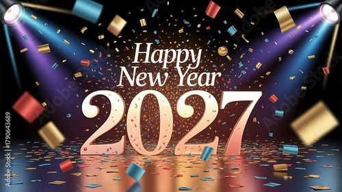 Colorful confetti explosion and golden happy new year 2027 text with stage spotlight background