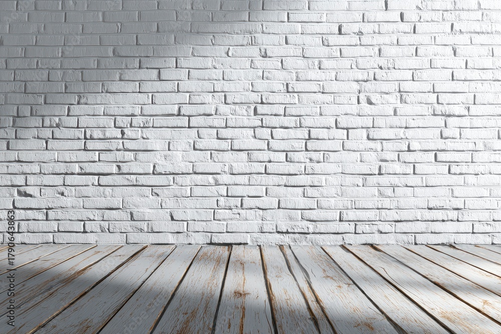 Fototapeta premium White brick wall with a wooden floor lit by sunlight casting shadows