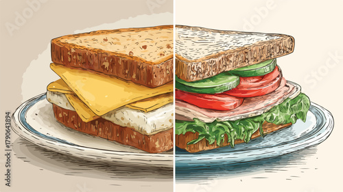 Delicious Sandwich Artwork on Plate Illustration for Food Lovers