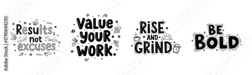 Motivational quotes: results, value, rise and bold designs in black and white