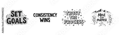 Motivational quote designs: set goals, consistency wins, trust the process, move with purpose