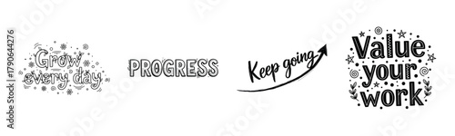 Inspirational quotes with hand-drawn design elements and positive messages