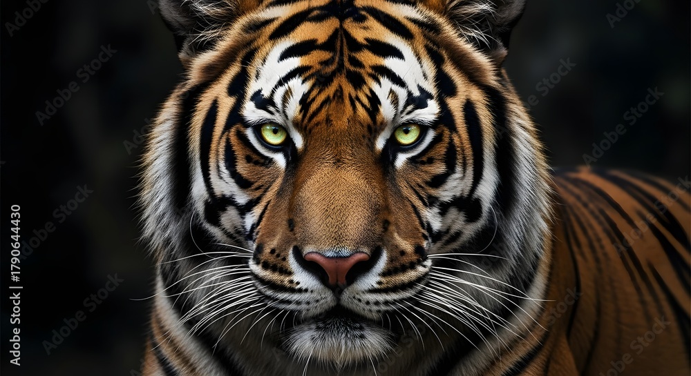 Obraz premium Intense close up portrait of a majestic bengal tiger with striking green eyes and detailed fur texture