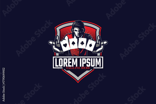 Casino dealer with playing cards cartoon character vector badge logo template