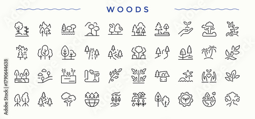 Woods modern icon set. Botany linear icon set. It contains symbols to gardening, nature, botany, ecology, evergreen, tree branch and more. Pixel perfect. Editable vector.