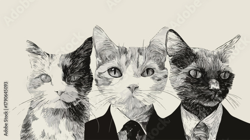 Adorable Three Cats Drawing on White Background