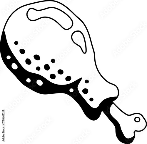 Solid line icon of a cooked chicken drumstick, ideal for menus or food packaging design.