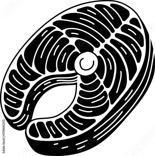 Solid line icon of a salmon steak cut, ideal for healthy food, diet, or seafood graphics.