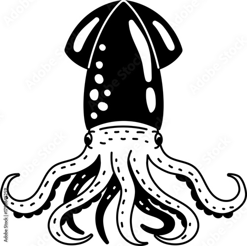 Solid line icon of a squid, suitable for seafood themes, ocean life, or cooking design.