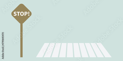 Stop Sign and Crosswalk Warning, Pedestrian Safety Road Scene, Caution Background, Road Safety and Traffic Control Illustration