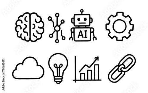 Ai and technology icons: brain, neural network, robot, gear, cloud, lightbulb, graph, chain