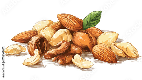 Assorted Nuts Including Almonds on White Background