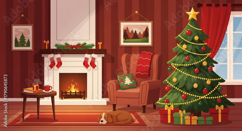 Fireplace and Christmas tree decorations