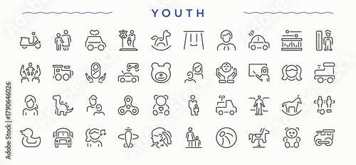 Youth related icon set. Contains related to kid, kids, toy and more. Toy icon collection. Set of line pictogram. Vector artwork and illustration.