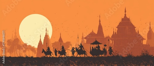 Ancient Kingdom Procession at Sunset Silhouette Illustration - Temple City, Horses, Warriors, and Royal Carriage
