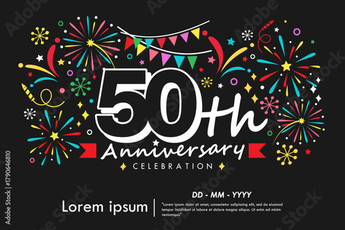 50th years anniversary celebration emblem with colorful fireworks, stars, bunting flag and ribbon on black background. vector illustration template design for web banner