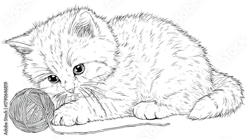 Cute Cat Playing with Wool Ball Coloring Page Vector Illustration