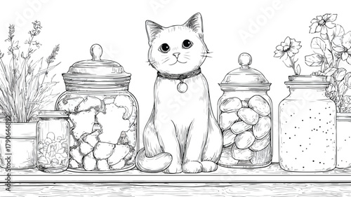 Adorable Cat Sitting on Cookie Jar Coloring Page Vector Illustration