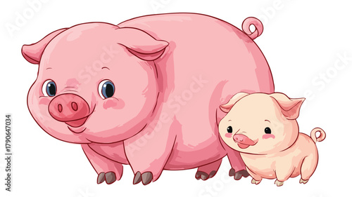 Adorable Cute Kawaii Pig and Baby Cartoon Character in Color