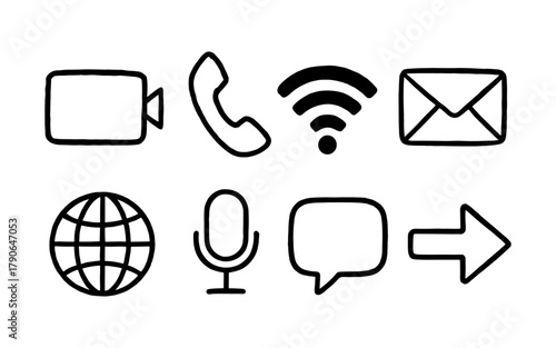 Hand drawn communication icons: call, video, wifi, and more