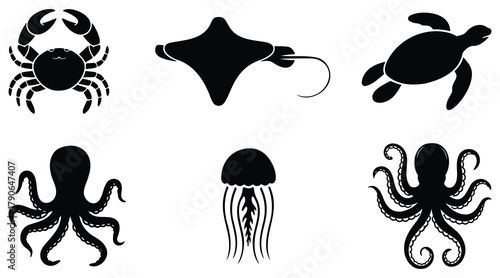 Sea Creatures Silhouette Collection – Manta Ray, Crab, Octopus, Jellyfish, Turtle Icons