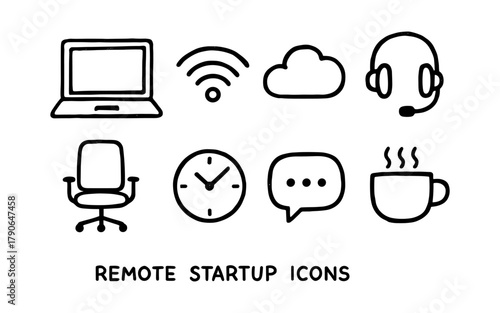 Simple line icons for remote work essentials and startup tools