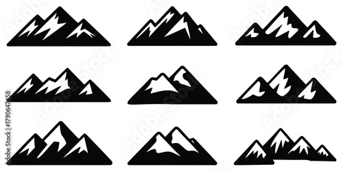 Mountain Silhouette Icons – Snow Peaks, Hill Range, Adventure Landscape Vector