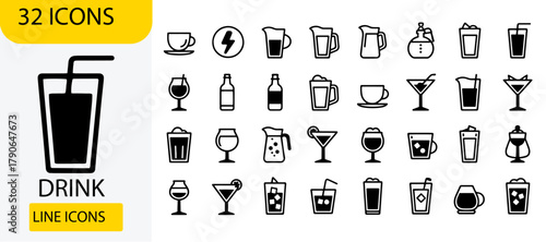 Drinks and Beverage Line Icons Set | Coffee, Juice, Cocktail, and Bar Vector Collection