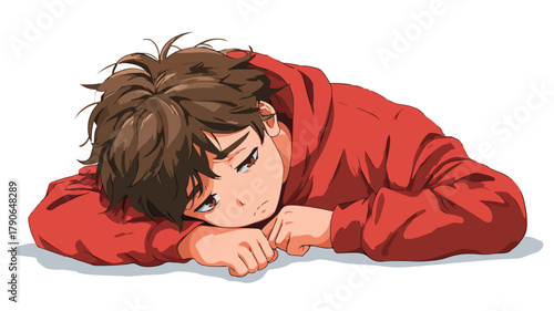 Relaxed Anime Cartoon Boy Resting Lazily on White Background Vector Illustration