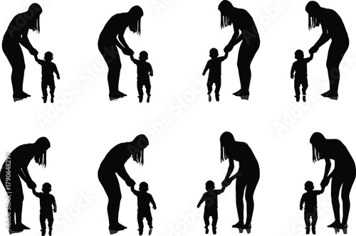 Flat vector silhouette of adult and child interaction poses, parenting moments, guidance, support, family bond, nurturing relationship, emotional connection