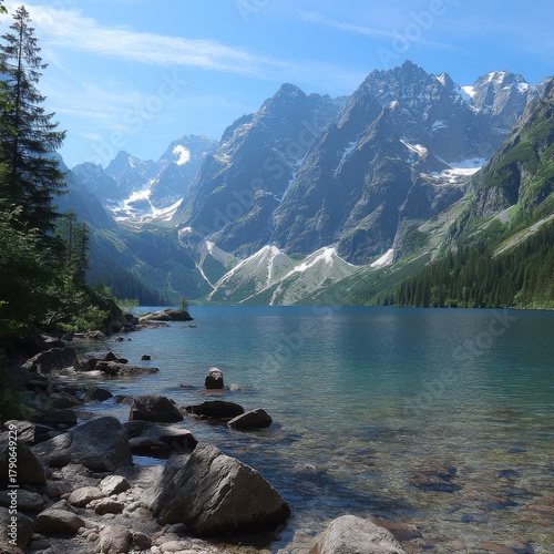 Fototapeta Naklejka Na Ścianę i Meble -  Scenic view of Morskie Oko lake Poland with rocky shore and mountain range backdrop on sunny day in summer