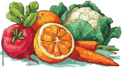 Vibrant Bitten Fruits and Vegetables Vector Illustration for Creative Projects