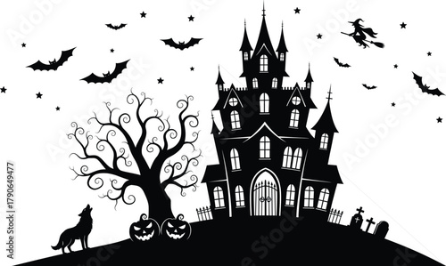 Spooky haunted house with bats, witch, pumpkins, and full moon night scene, Halloween vector illustration, scary castle silhouette design for festive decoration