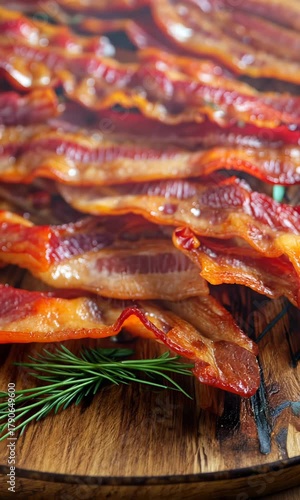 Crispy bacon strips lay on a wooden board, accompanied by fresh herbs, showcasing an appetizing breakfast option