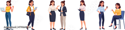 Diverse Group of Business Women in Various Poses - Cartoon Style Illustration